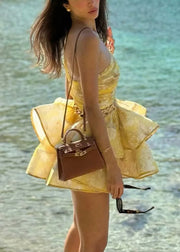 Sexy Yellow Asymmetrical Hollow Out Cotton Mini Dresses Sleeveless