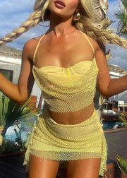 Sexy Yellow Backless Cotton Two Piece Set Outfits Summer