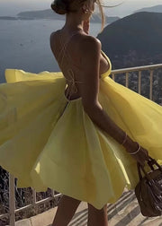 Sexy Yellow Backless Lace Up Cotton Dresses Sleeveless