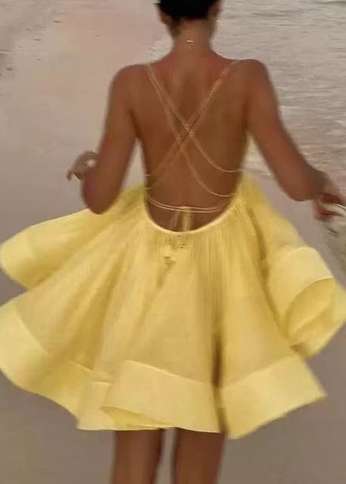 Sexy Yellow Backless Lace Up Cotton Dresses Sleeveless