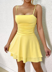 Sexy Yellow Cold Shoulder Solid Spaghetti Strap Dress Sleeveless