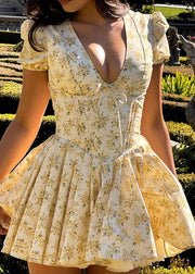 Sexy Yellow V Neck Print Cotton Mini Dress Summer