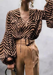 Sexy Zebra Print V-Neck Lace-Up Lantern Sleeve Shirt