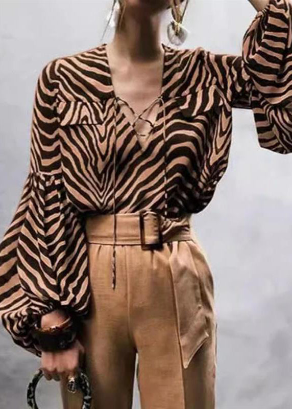 Sexy Zebra Print V-Neck Lace-Up Lantern Sleeve Shirt