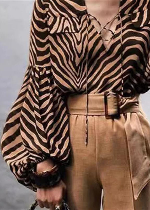 Sexy Zebra Print V-Neck Lace-Up Lantern Sleeve Shirt