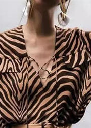 Sexy Zebra Print V-Neck Lace-Up Lantern Sleeve Shirt