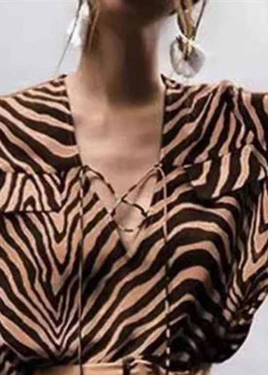 Sexy Zebra Print V-Neck Lace-Up Lantern Sleeve Shirt