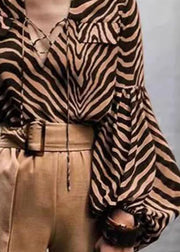 Sexy Zebra Print V-Neck Lace-Up Lantern Sleeve Shirt