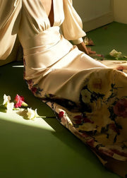 Silm Fit Apricot Flower Print Ice Silk Work Dress Spring