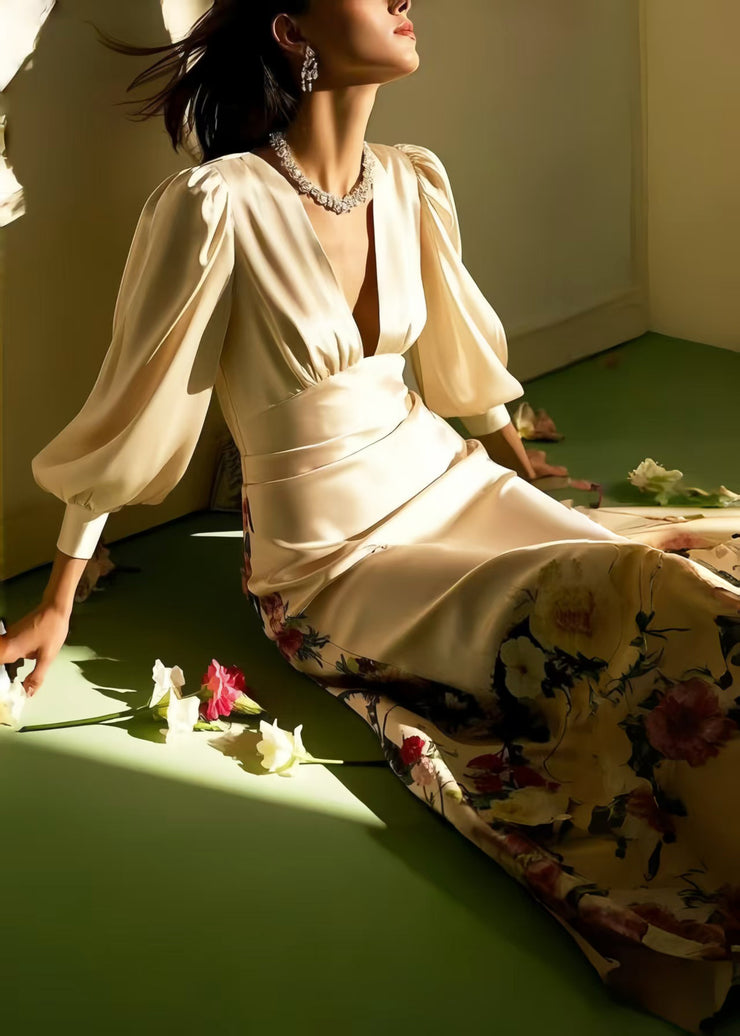 Silm Fit Apricot Flower Print Ice Silk Work Dress Spring