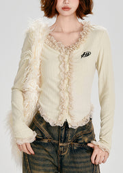 Silm Fit Apricot Ruffled Patchwork Cotton Cardigan Spring