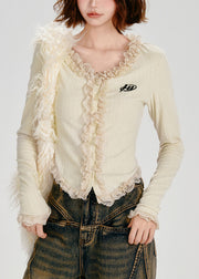 Silm Fit Apricot Ruffled Patchwork Cotton Cardigan Spring