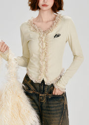 Silm Fit Apricot Ruffled Patchwork Cotton Cardigan Spring