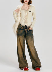 Silm Fit Apricot Ruffled Patchwork Cotton Cardigan Spring