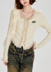 Silm Fit Apricot Ruffled Patchwork Cotton Cardigan Spring