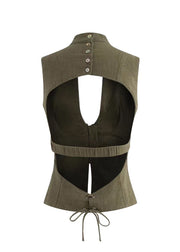 Silm Fit Army Green Backless Lace Up Vest Tops Summer