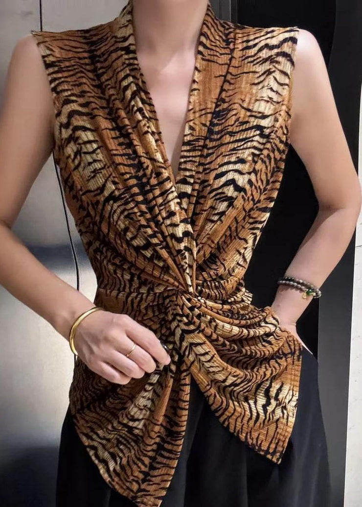 Silm Fit Asymmetrical Leopard Print Cotton Vests Sleeveless