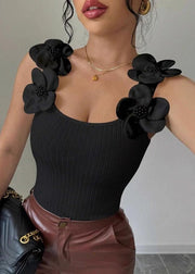 Silm Fit Black Floral Decorated Cotton Tops Summer