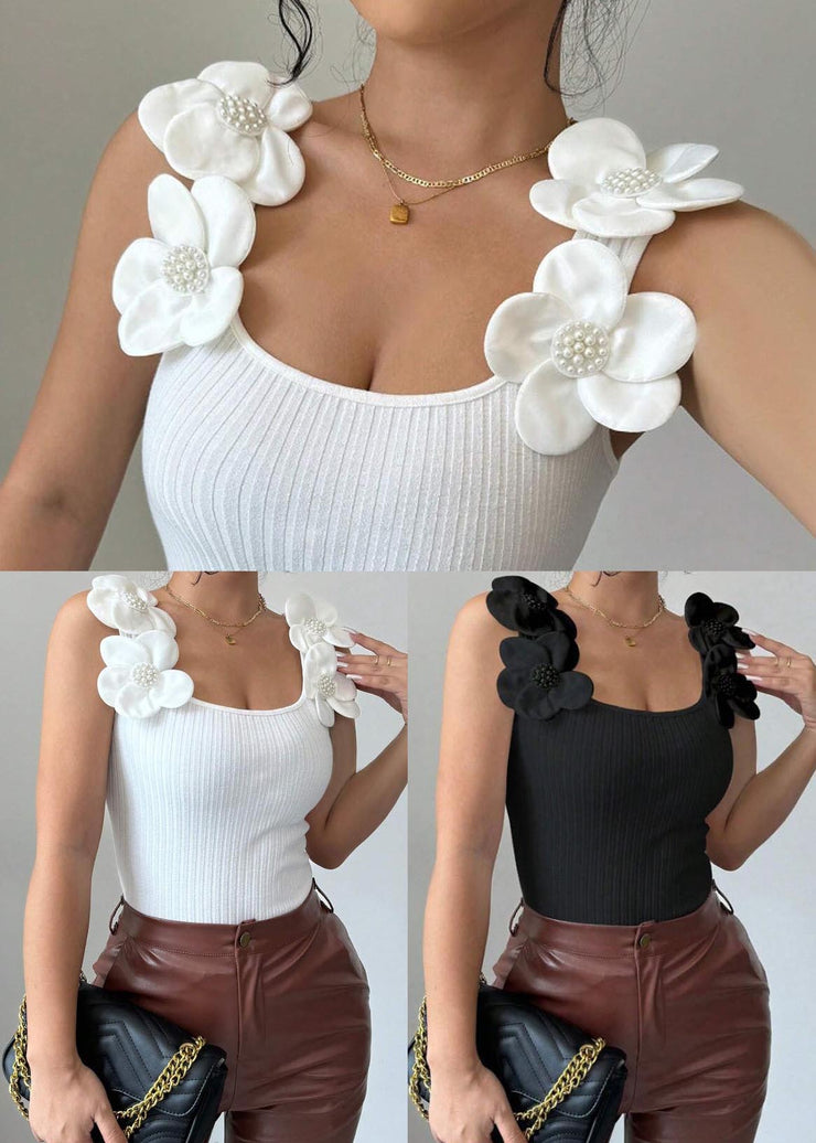 Silm Fit Black Floral Decorated Cotton Tops Summer