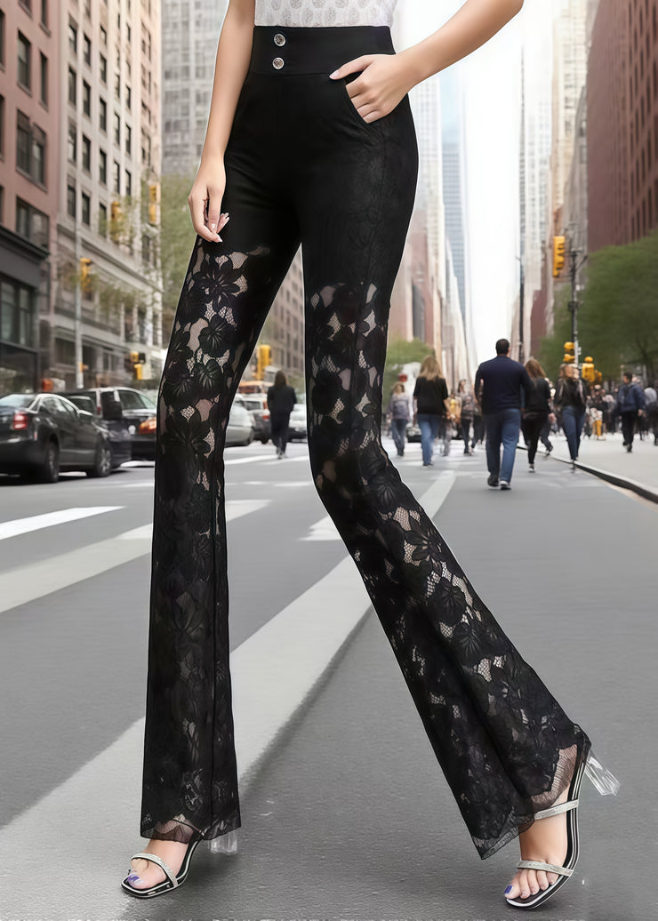 Silm Fit Black Hollow Out Patchwork Lace Pants Trousers Summer