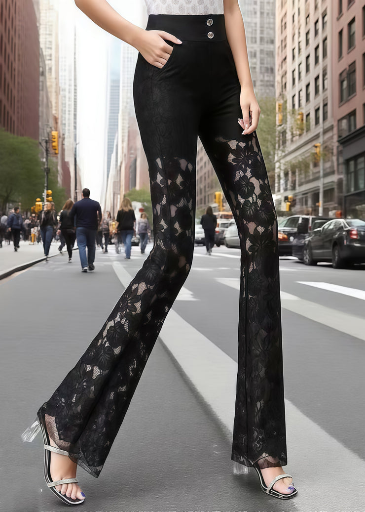 Silm Fit Black Hollow Out Patchwork Lace Pants Trousers Summer
