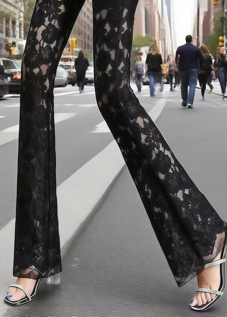 Silm Fit Black Hollow Out Patchwork Lace Pants Trousers Summer