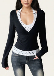 Silm Fit Black Print Cotton Halter Two Pieces Set Spring