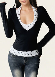 Silm Fit Black Print Cotton Halter Two Pieces Set Spring