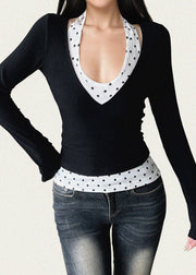 Silm Fit Black Print Cotton Halter Two Pieces Set Spring