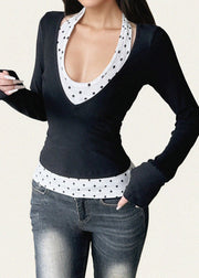 Silm Fit Black Print Cotton Halter Two Pieces Set Spring