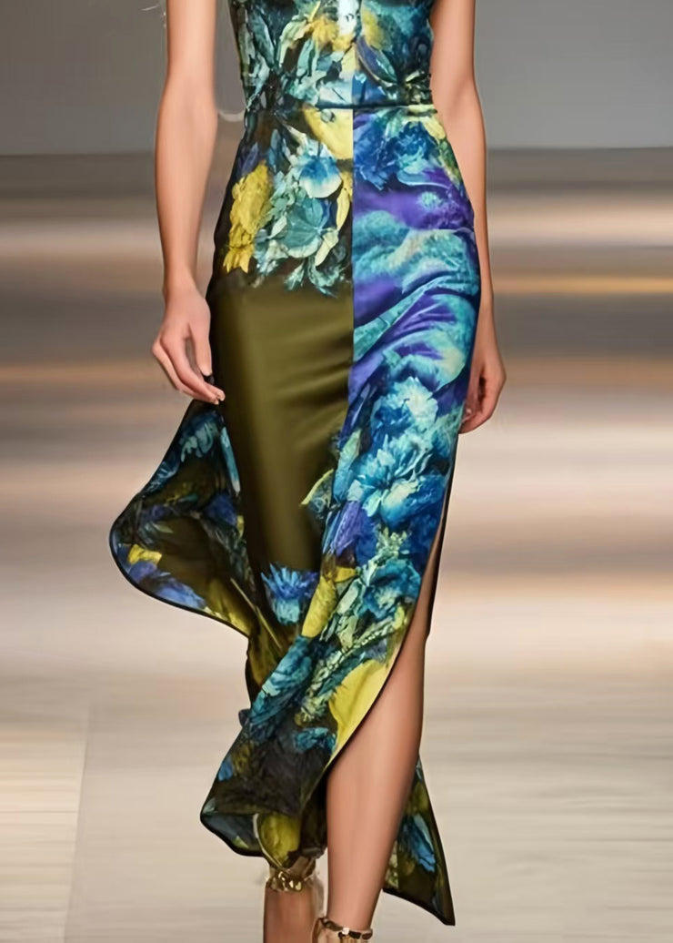 Silm Fit Black Print Side Open Silk Mini Dress Summer