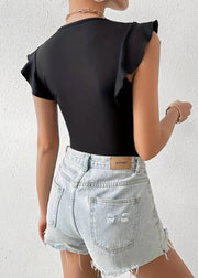 Silm Fit Black V Neck Spandex Tank Tops Butterfly Sleeve