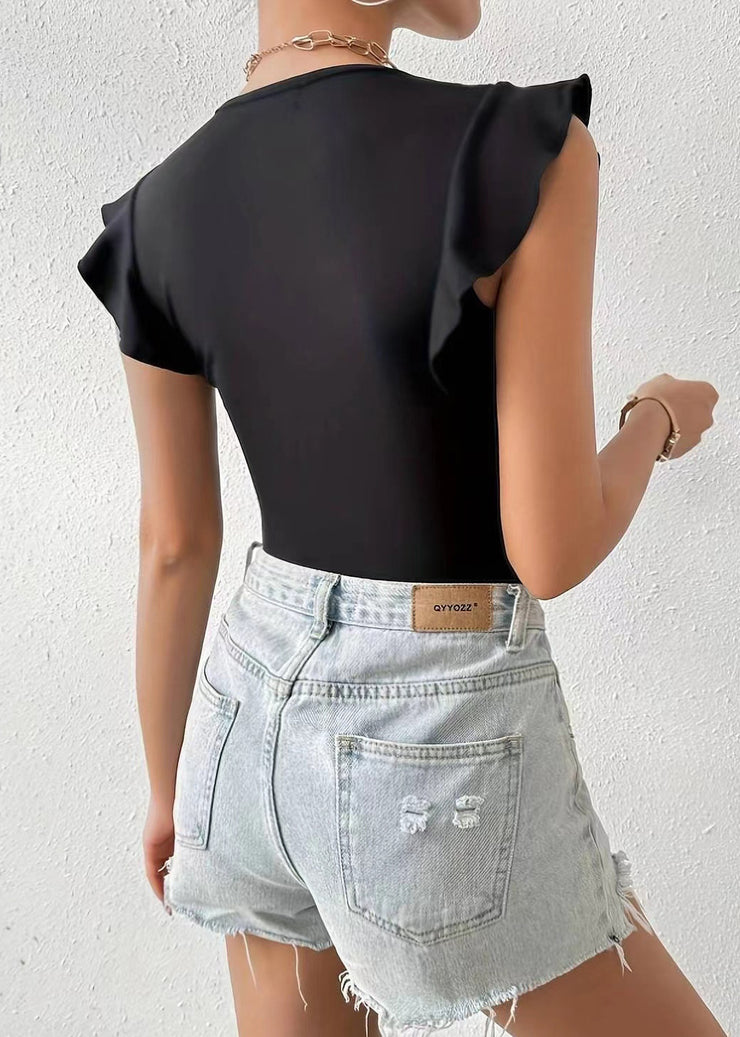 Silm Fit Black V Neck Spandex Tank Tops Butterfly Sleeve