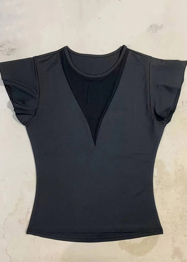 Silm Fit Black V Neck Spandex Tank Tops Butterfly Sleeve