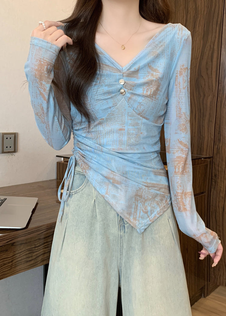 Silm Fit Blue Asymmetrical Print Cotton Top Fall