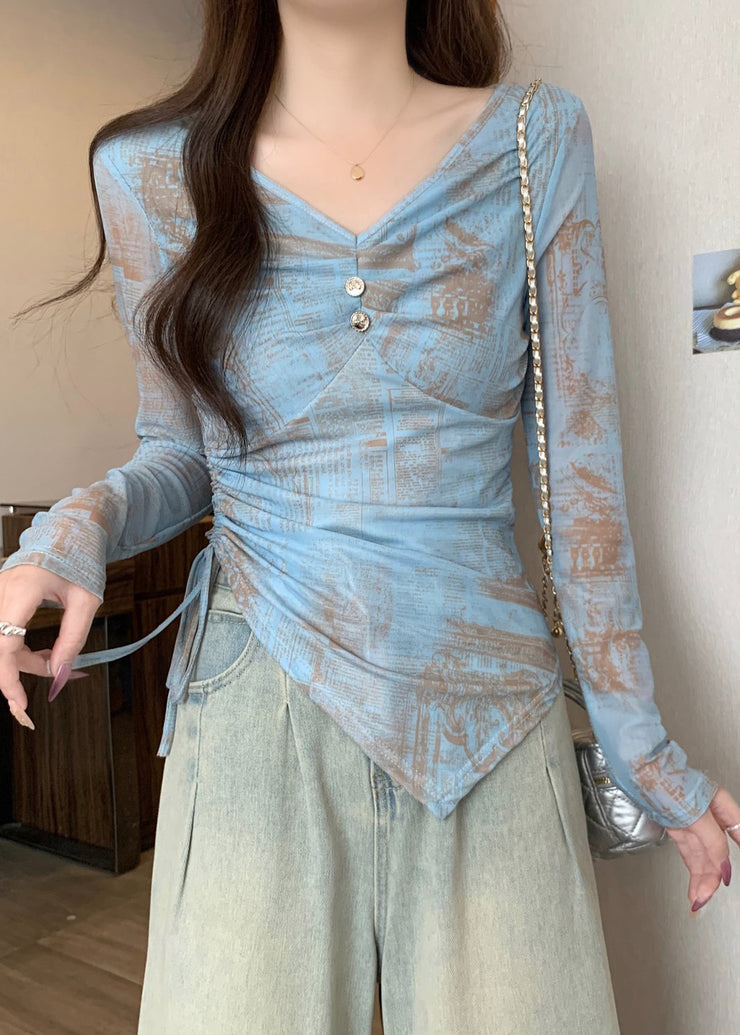 Silm Fit Blue Asymmetrical Print Cotton Top Fall