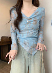 Silm Fit Blue Asymmetrical Print Cotton Top Fall