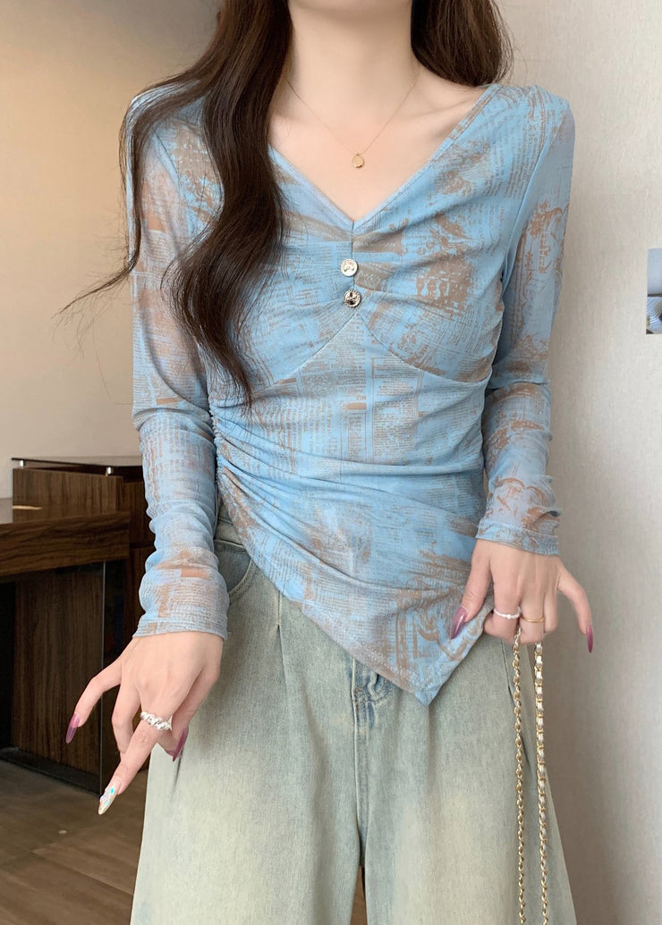 Silm Fit Blue Asymmetrical Print Cotton Top Fall
