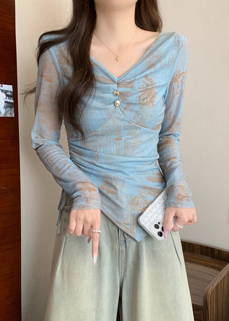 Silm Fit Blue Asymmetrical Print Cotton Top Fall