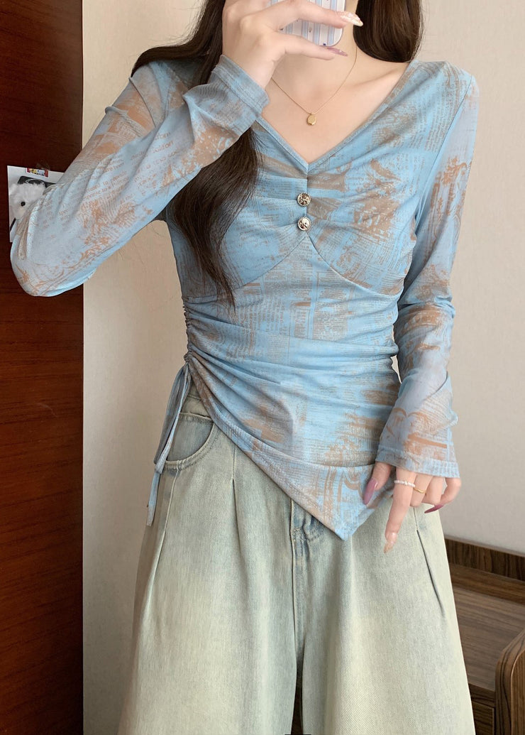 Silm Fit Blue Asymmetrical Print Cotton Top Fall