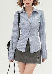 Silm Fit Blue Embroidered Striped Cotton Shirts Spring