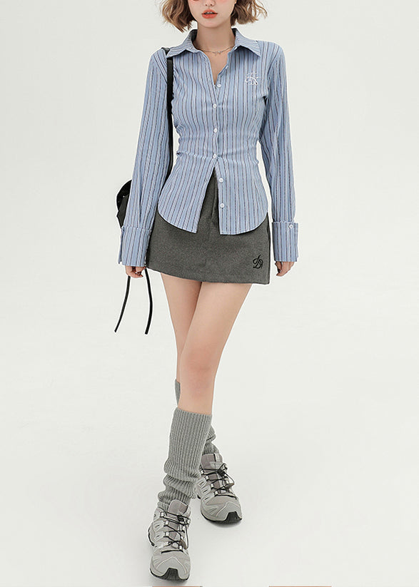 Silm Fit Blue Embroidered Striped Cotton Shirts Spring