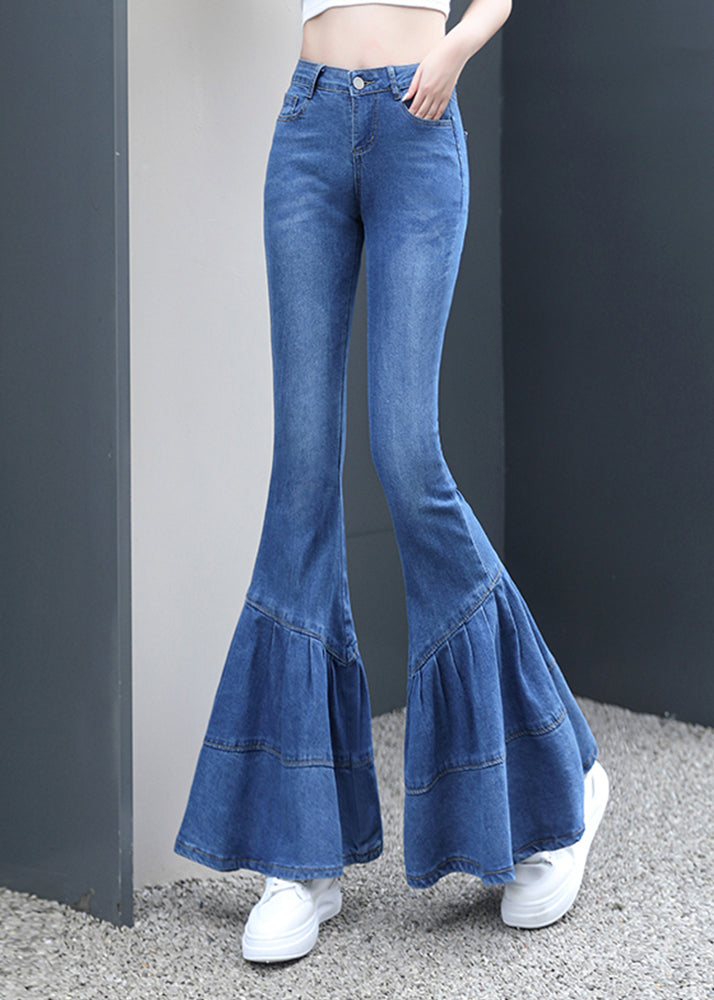 Silm Fit Blue Wrinkled Denim Bell-bottom Trousers Fall