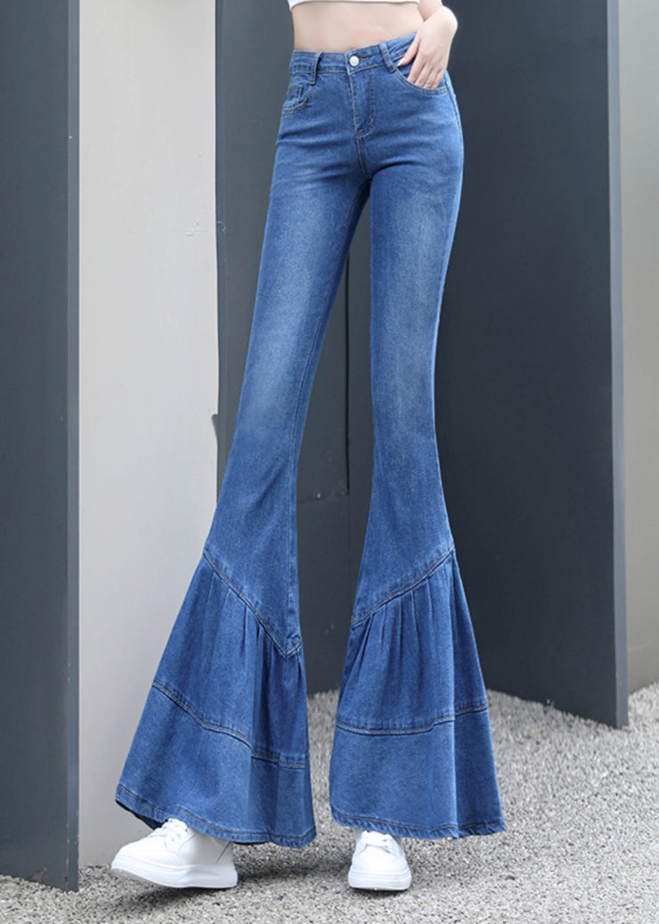Silm Fit Blue Wrinkled Denim Bell-bottom Trousers Fall