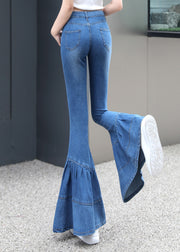Silm Fit Blue Wrinkled Denim Bell-bottom Trousers Fall