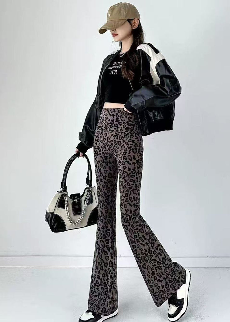 Silm Fit Brown Leopard Print Tummy Control Flared Trousers Fall