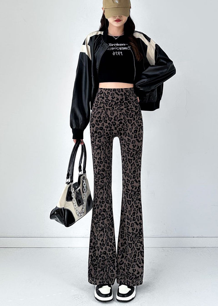 Silm Fit Brown Leopard Print Tummy Control Flared Trousers Fall