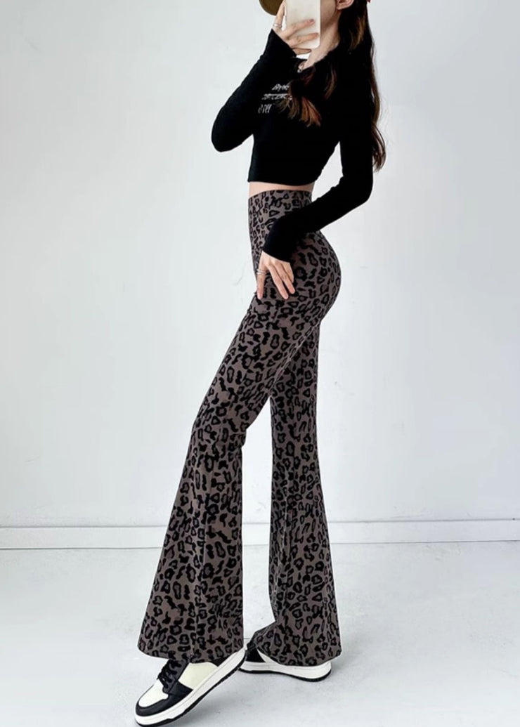 Silm Fit Brown Leopard Print Tummy Control Flared Trousers Fall