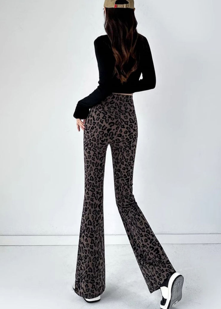 Silm Fit Brown Leopard Print Tummy Control Flared Trousers Fall