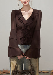 Silm Fit Brown Ruffled Chiffon Shirts Fall